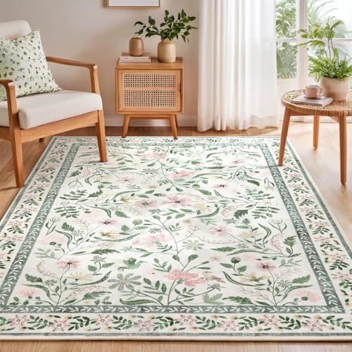 Image of SHACOS 5x7 Floral Area Rugs for Living Room, Machine Washable Vintage Boho Rugs for Bedroom, Non Slip Soft Floral Low-Pile Nursery Carpet for Kids Room Dining Room Entryway Indoor, Green