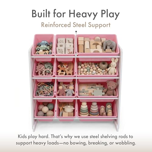 Image of Humble Crew Toy Storage Organizer with 12 Removable Storage Bins for Kids Playroom, 4-Tier Toddler Toy Organization, White /Pink