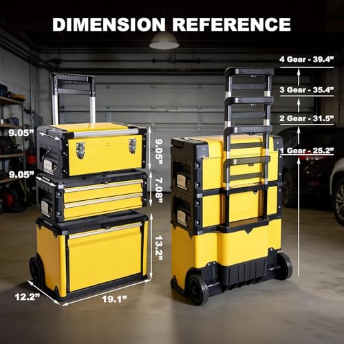 Image of Stackable Rolling Tool Box Portable Metal Toolbox Organizer with Wheels and 2 Drawers Separate Rolling Upright Trolley Tool Chest for Garage or Workshop,Yellow