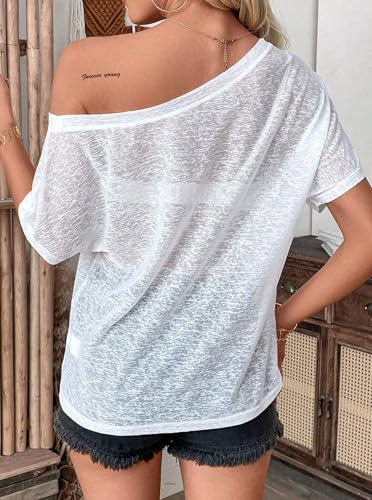 Hilinker Women's Sheer Mesh Short Sleeve Top Sexy Off Shoulder See Through T Shirt Summer4