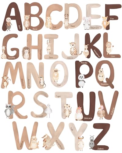 Image of Extra Large 6 Inch Neutral Animal Alphabet Wall Decals - 26 English ABC Wall Stickers for Kids with Cute Watercolor Animals