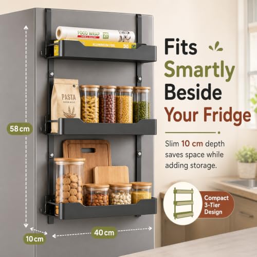 Image of Homero 3-Layer Carbon Steel Refrigerator Side Storage Rack | Self Adhesive Stick on Shelf for Kitchen & Pantry, Rust-Proof Durable Spice, Snacks and Jar Organizer with High Load Capacity