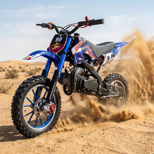Image of 2026 New 50cc Dirt Bike for Kids 2-Stroke, Toddler Gas Powered Mini Bike with Front Rear Disc Brakes, Speeds up to 40KM /H, Gas Motorcycle for Children, Ideal Gifts for Boys Girls, Blue (Blue L)