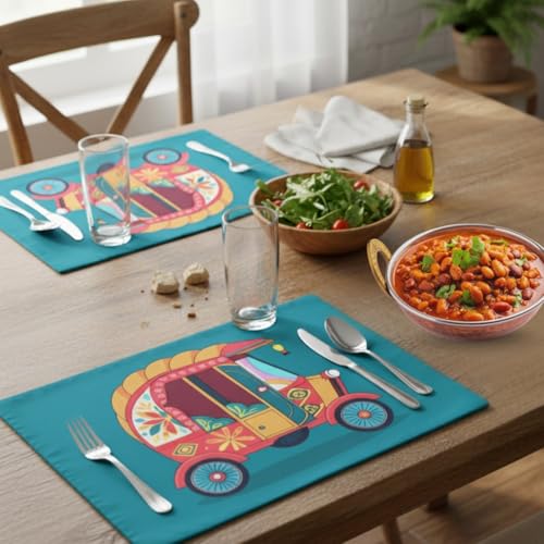 Image of DiningTable Mats Set of 2 - Auto Vibrant Cultural Theme,Digital Print, Washable, Indoor /Outdoor, Heat-Proof, Water Resistant, Wipe & Clean (47X33 cm) Green & Pink