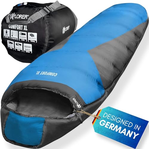 EXPLORER® Comfort XL Schlafsack -23°C -5°C [350GSM] 3-4 Jahreszeiten Winter Mumienschlafsack für Erwachsene[2000g] 230x85x70cm kombinierbar, ideal für Outdoor, Camping, Trekking und Reisen