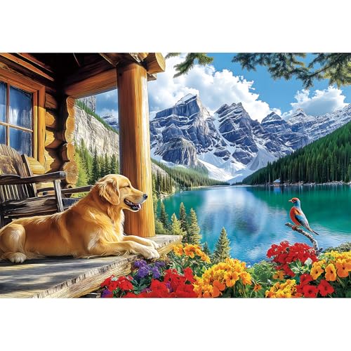 2000 Piece Puzzle for Adults, Serene Mountain Cabin with Golden Retriever, Wildflowers & Lakeside Landscape, Vibrant Jigsaw Puzzle, for Nature and Dog Lovers, 39' x 28'