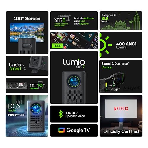 Image of Lumio Arc 7 Portable Home Projector | Official Google TV + Netflix | Native 1080p Full HD | Sealed Light Engine | 400 ANSI Lumens | 4K Support | Auto Keystone | Dolby Audio | 16W Bluetooth Speaker