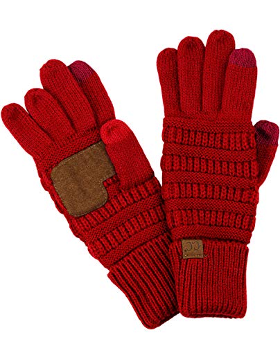 C.C Unisex Cable Knit Winter Gloves with Touchscreen, Red