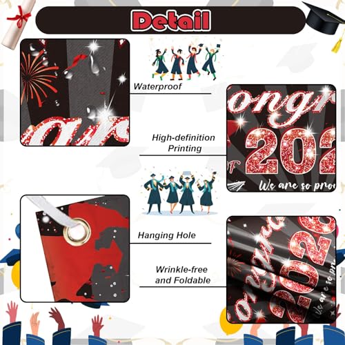 Image of Graduation Decorations, Large Graduation Banner, Red and Black Banner 2026, Congrats Grad Backdrop Sign, Class of 2026 Grad Party Decor for Commencement Indoor Outdoor Yard Wall Door Decor 180*110cm