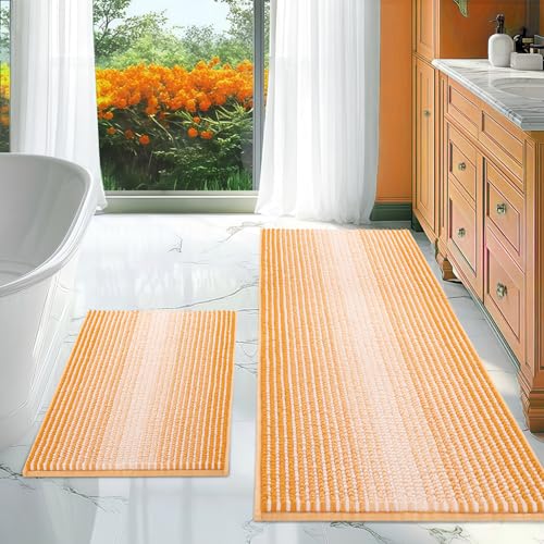 BSICPRO Bathroom Rugs and Mats Sets, 2 Piece Thick Absorbent Chenille Non Slip, Soft Shaggy Floor Mats, Machine Washable (Buff Orange, 20" x 47" Plus 16" x 24")