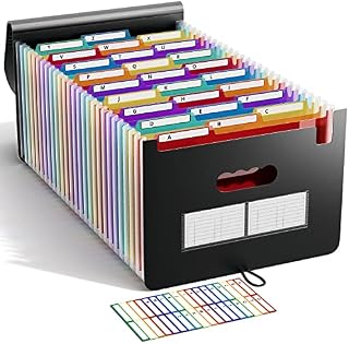 Expanding File Folder - ABC life 12 Pockets Portable Rainbow A4 File Organiser Self Standing Accordion Document Filing Box High Capacity Storage Bag for Home & Office & School (12 Pocket with Cover)
