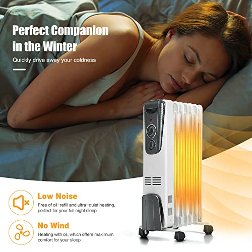 Goflame Electric Oil Filled Radiator Heater With Wheels, Portable Space Heater With Adjustable Thermostat, Tip-Over & Overheated Protection, Energy Saving Mini Heater For Home And Office, 1500W #TOP2