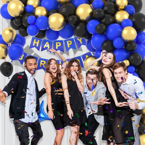 Image of Blue Black Gold Balloon Garland Arch Kit - Royal Blue and Black Black Gold Balloons for Men 30th 40th Video Game Birthday Wedding Retirement Graduation New Year Party Decorations