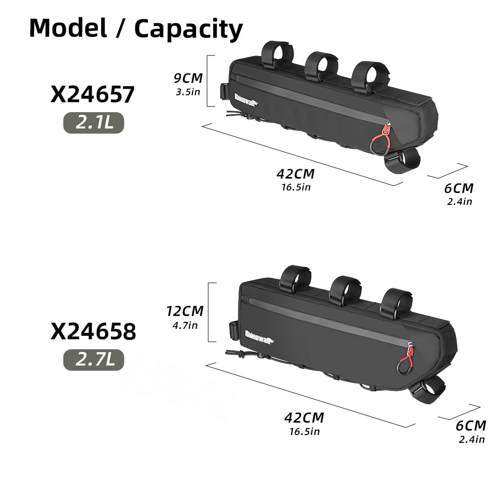 Rhinowalk Bike Frame Bag Waterproof, Top Tube Bicycle Bag with Side Compartments, Pump Holder, and Hidden Cable Port, (2.1L, Black)