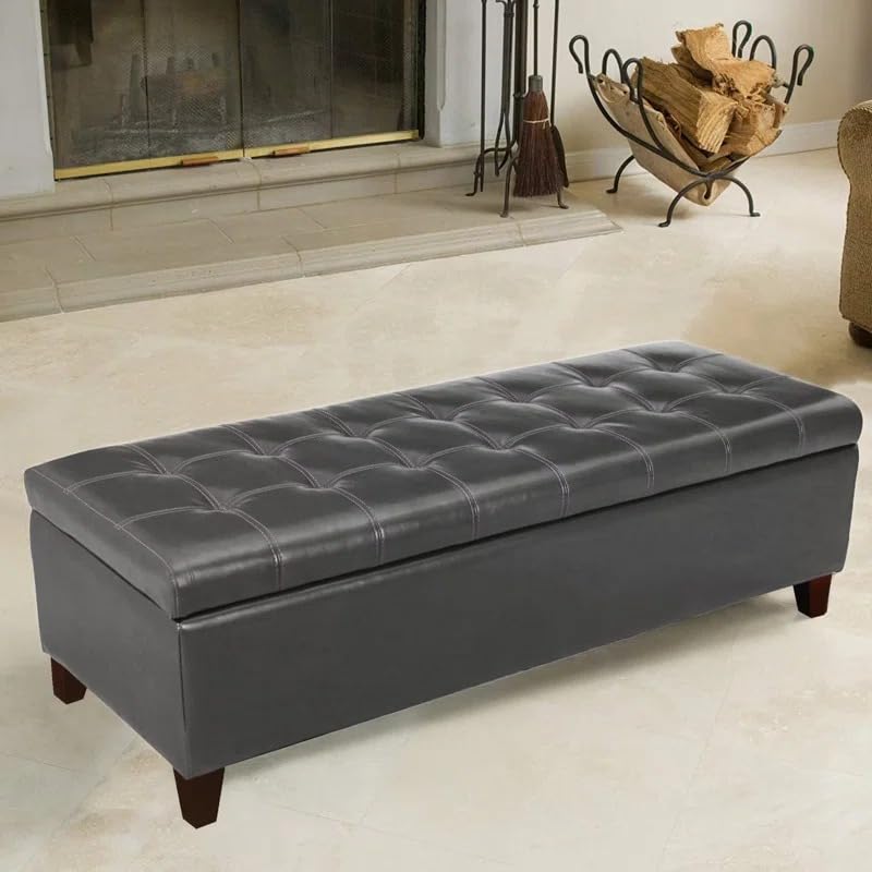 Image of LEGACY OF COMFORT Nysir 2 Seater Sofa Upholstered Ottoman Bench with Storage, for Living Room, Bedroom, Entryway (Dark Grey Leather)