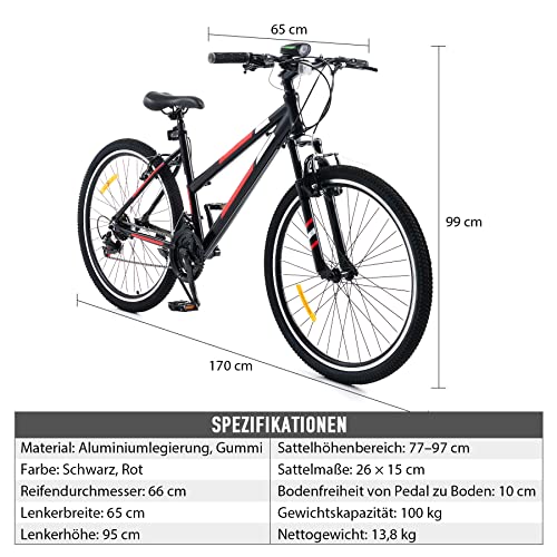 Viribus Mountainbike 26 Zoll MTB Fahrrad 21 Gang-Schaltung Rennrad Hardtail 26" Cityräder mit Aluminiumlegierungsrahmen Dual-V-Bremsen Fahrrad für Jungen, Mädchen, Männer und Frauen Schwarz&Rot – Bild 4