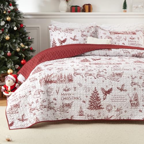 Christmas Quilt Set King Size Christmas Holiday Decorations Bedspread Set Soft and Breathable Xmas Quilt Bedding Set (King 106x96)