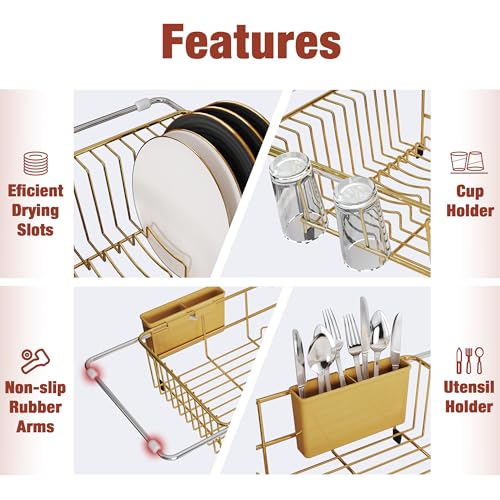 Image of JASIWAY Gold Dish Drying Rack in Sink with Drainboard and Utensil Holder
