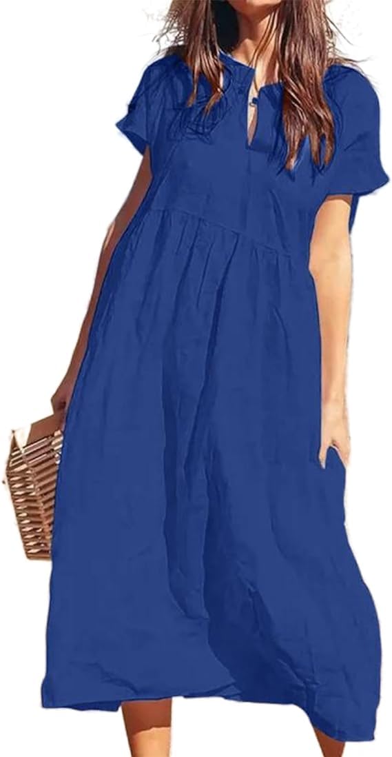 Cotton Linen Dress for Women Casual Summer Short Sleeve Flowy Long Dresses Loose Beach Vacation