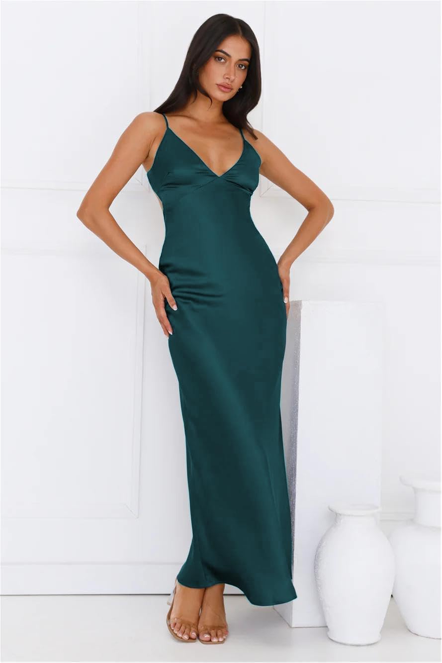 Summer Satin Spaghetti Strap V Neck Maxi Dresses for Women 2026 Backless Silk Wedding Guest Formal Tie Back Cocktail Dress - Image 2