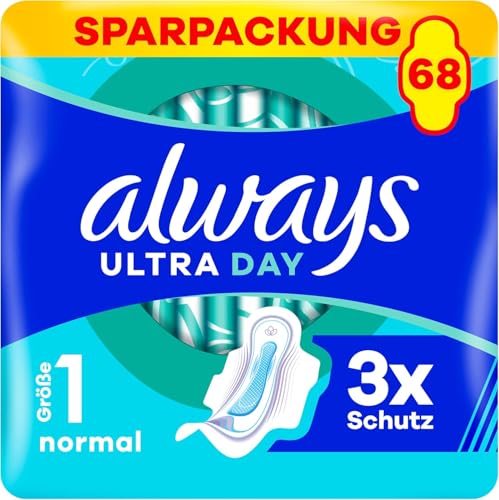 Always Ultra Day - Compresas sanitarias normales (tamaño 1) con alas 68 unidades, súper absorbentes y ultra finas, para el período