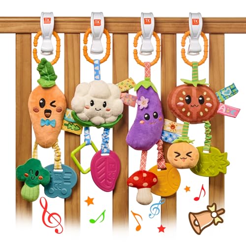 TUMAMA Hanging Vegetable Plush Toy Set, 4 Different Vegetable Crib Stroller Toys, Early Baby Cognitive Sensory Rattle Hanging Toy with Teether....