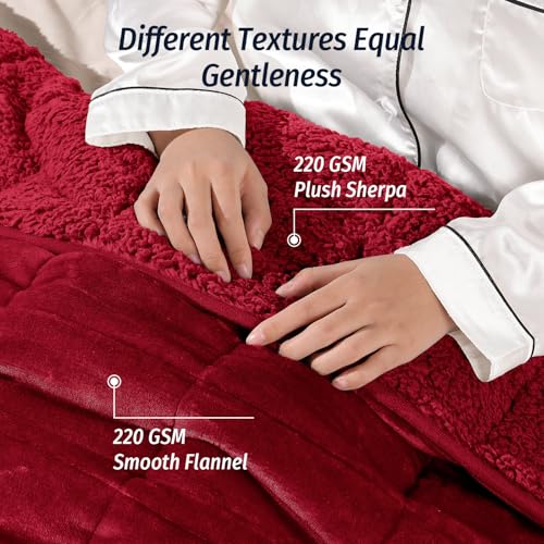Wemore Sherpa Fleece Weighted Blanket for Adult, 15 lbs Dual Sided Cozy Fluffy Heavy Blanket, Ultra Fuzzy Throw Blanket with Soft Plush Flannel Top, 60 x 80 inches for Queen Burgundy on Both Sides