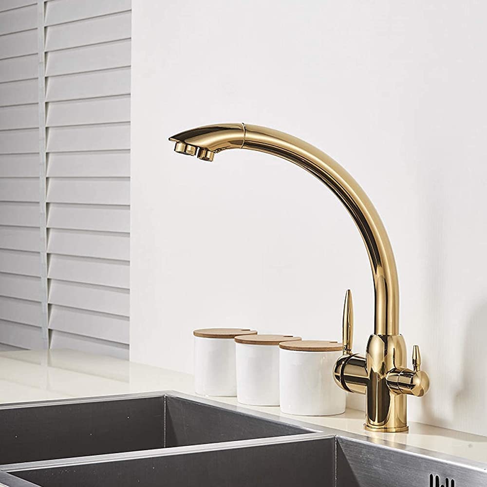 Robinet de cuisine en laiton avec rotation à 360 degrés et mitigeur eau filtrée chaude et froide or