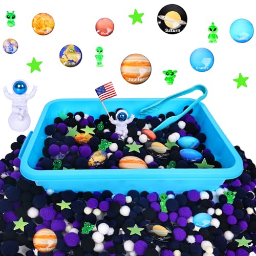Space Sensory Bin, Science Themed with 8 Planets & Star Map, No-Mess Soft Pom Poms for Preschool Learning, Gifts for Boys Girls Age 3 4 5 6+