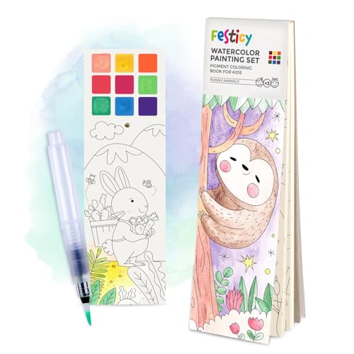 Festicy Aquarell Malbuch mit Wassertankpinsel Edition 2026 I 25 Seiten für Kinder unterwegs I Perfekte Flugzeug Beschäftigung Kinder I Spiele für lange Autofahrten I Urlaub Must Haves