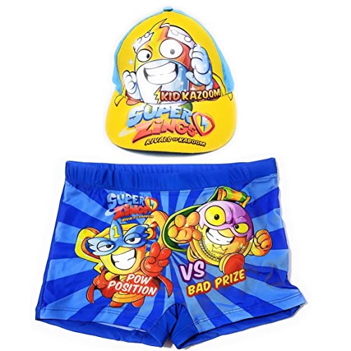 Bañador Súper Zings para Playa o Piscina + Gorra Superzings para Niños | Pack de Bañador y Gorra Súper Zings | Bañador Tipo Bóxer + Gorra Ajustable de Súper Zings (3 - 4 años, Azul)