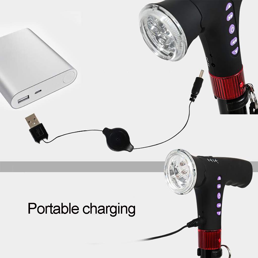 Bastón De Bastón Muletas Inteligente Inteligente De Múltiples Funciones, Bastón Telescópico Antideslizante con Luz LED Ajustable Smart Radio Alarm Muletas De Aluminio, Negro