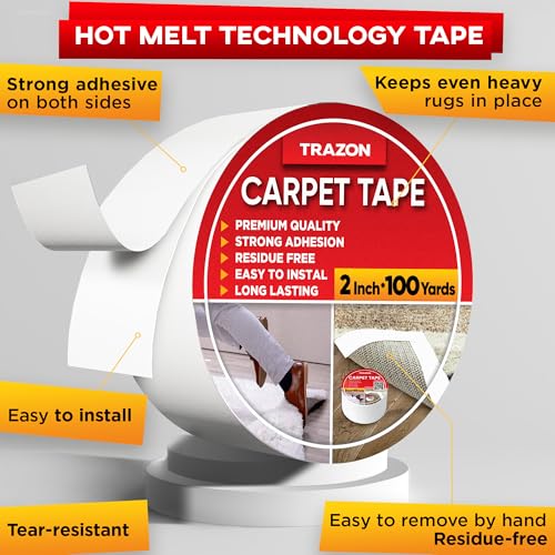 Image of Carpet Tape Double Sided - Rug Tape Grippers for Hardwood Floors and Area Rugs - Carpet Binding Tape Strong Adhesive and Removable, Heavy Duty Stickers Grip Tape, Residue Free (2 Inch / 100 Yards)