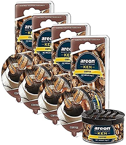 Image of AREON Ken Car Air Freshener - Coffee Scent, Long-Lasting Fragrance - Portable Fragrant Deodorizer with Adjustable Odor Output - Automobile Accessories & Essentials - 1.23 Oz. Cans, Pack of 4
