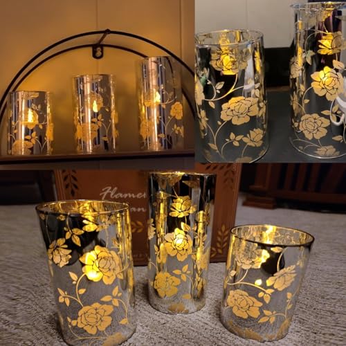 Image of Floral Glass Flameless Candles Rose Romantic Battery Operated with Remote Flickering LED Silver Real Wax Pillar Candle for Valentine's Day Wedding Party Home Christmas Decor, Set of 3
