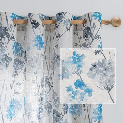 Image of MYSKY HOME Linen Curtains for Living Room 84 inch Length 2 Panels with Floral Pattern Semi Sheer Light Filtering Privacy Window Drapes for Bedroom Dining Room Patio, Navy Blue, 2 Pcs