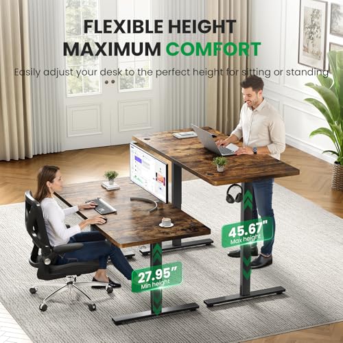 Image of 1 Inch Thick Tabletop Electric Standing Desk Adjustable - 60x28 Inch Sit Stand Desk, Double Beam Frame, 3 Memory Height Adjustment, Cable Management for Home Office