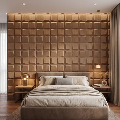Image of Kayra Decor 3D PVC Wall Panels for Bedroom & Living Room | Cube Design | Metallic Wood Color | 19.7 x 19.7 Inch | Pack of 40 | 107.6 Sq Ft