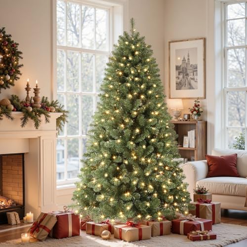 SHareconn 7ft Prelit Premium Artificial Hinged Classic Spruce Christmas Tree with Pre-lit 300 Warm White Lights, 1076 Branch Tips and Foldable Stand, Perfect Choice for Xmas Decoration, 7 FT, Green