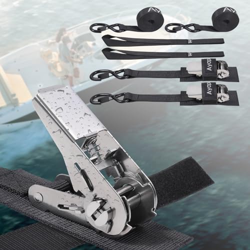Ayaport Stainless Steel Ratchet Tie Down Straps with Hooks 10ft Heavy Duty Ratcheting Tie Downs for Motorcycle Roof Rack Dirt Bike Truck (Black 1 x10-2pcs)