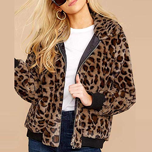Women’s Leopard Faux Fur Bomber Jacket Nrutup Lapel Full Zip Fuzzy Fleece Jacket Casual Ladies Winter Warm Overcoat (Brown, 4) #TOP3