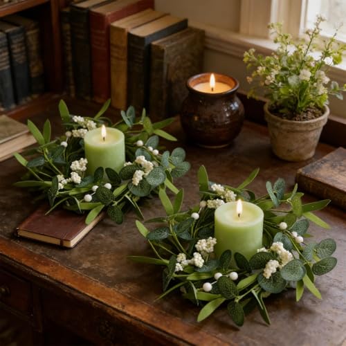 Image of 6 Pcs Green Artificial Eucalyptus Candle Rings Wreaths Mini Green Summer Kitchen Cabinet Wreath Table Centerpieces with White Berry for Pillars Farmhouse Porch Front Door Wedding Decor