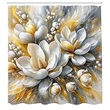 ABAKUHAUS Gelb Duschvorhang, Moderne Interpretation von Magnolienblüten mit träumerischer Atmosphäre Frühling, Stoffliches Gewebe mit Haken, 175 x 200 cm, Blasses Orange Blaugrau