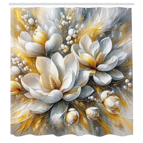 ABAKUHAUS Gelb Duschvorhang, Moderne Interpretation von Magnolienblüten mit träumerischer Atmosphäre Frühling, Stoffliches Gewebe mit Haken, 175 x 200 cm, Blasses Orange Blaugrau