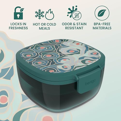 Image of Bentgo Glass Prints Salad Container - 7.6-Cup Tinted Glass Salad Bowl with Airtight Lid, Leak-Proof Sauce Container, 4-Compartment Bento Meal Prep Tray & Reusable Fork (Floral Maximalist - Sea)