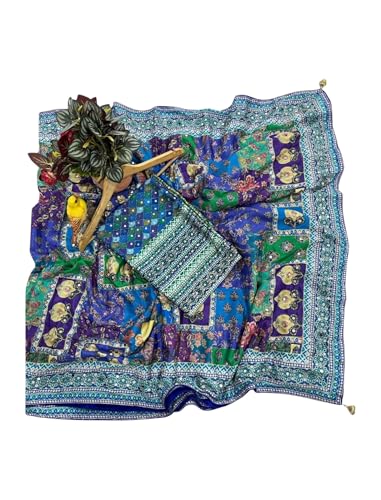 Image of MUNIR Women's Soft Chinon Silk Kalamkari Printed Saree with Mirror Work & Hand Embroidery, Multi Color Designer Saree with Blouse Piece
