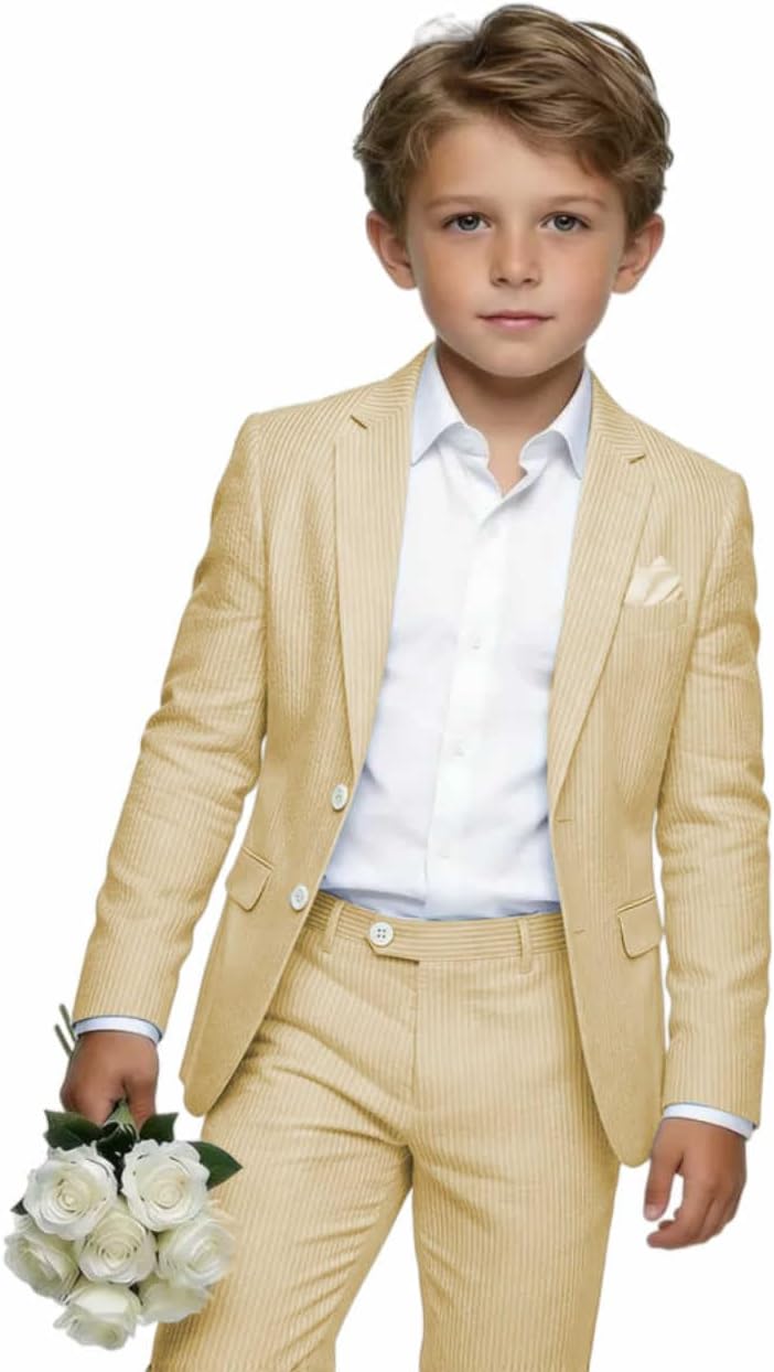 Kids Seersucker Suit Lightweight Striped Formal Homecoming Wedding Ring Bearer Outfits 2 Piece Suits for Boys