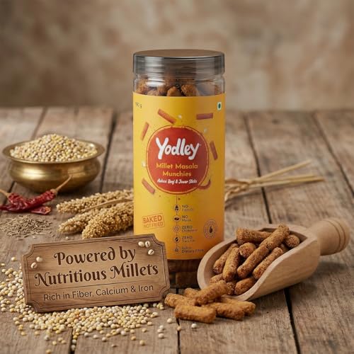 Image of Yodley Millet Masala Munchies - Tangy Achari Flavour | Baked, Not Fried | No Maida, No Palm Oil | Zero Cholesterol | Zero Trans Fat & High In Fiber | Calcium & Iron Rich | Healthy Indian Snack - 150gm