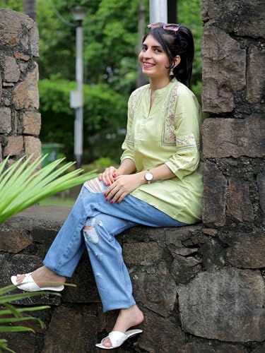 Image of Women's Viscose Rayon Embroidered A-Line Short Kurti Above Knee Regular Fit Tunic Top Office Wear Casual short kurti for women | office wear top | A-line kurti | raksha bandhan gift dress for women