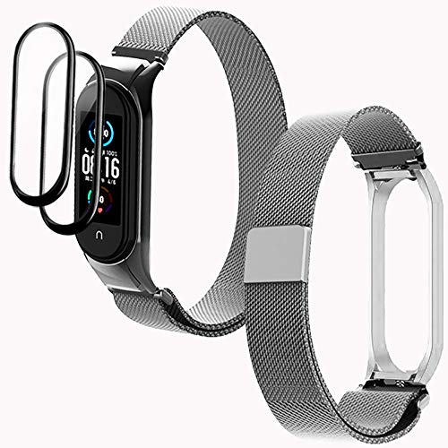 IMBZBK [3 Productos] 1 Plata Metal Correas Metal para Xiaomi Mi Band 6/Mi Band 5 + 2 Unidades TPU Protector Pantalla, Pulsera de Metal Pulsera de Repuesto Banda Pulsera Correa Ajustable Cover